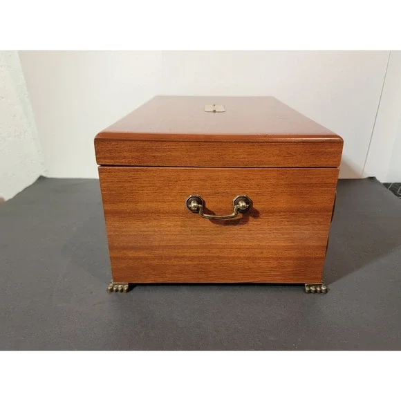 Vintage Wooden Jewelry Box Chest Organizer Yellow Felt Lined 2 Drawer Open Top - Picture 12 of 16